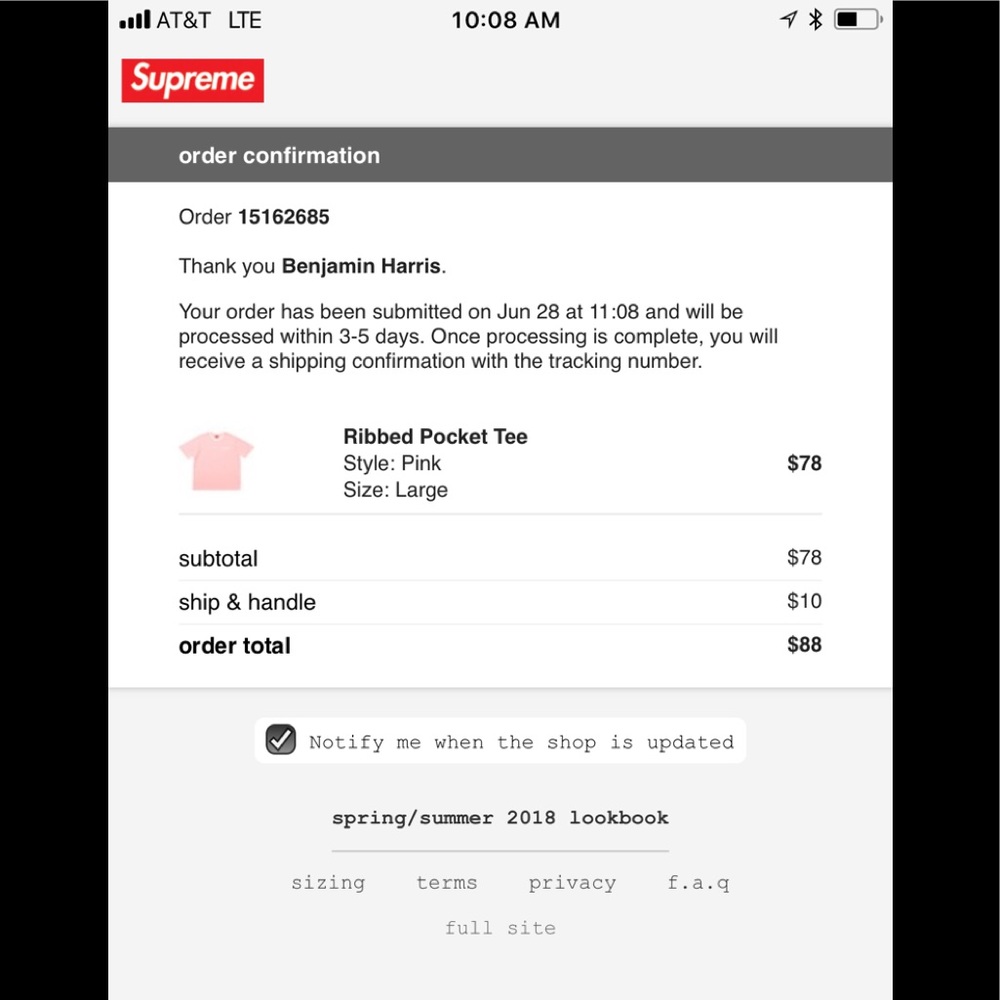 Pink Supreme Pocket Ribbed T-shirt free shipping
